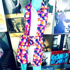 🔥 VINTAGE MOD 1960’s STYLE GEO SHIRT NEON POCKET DRESS SMALL